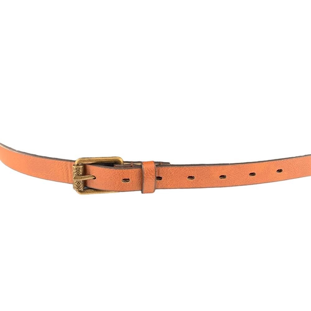 Womens Leather Belt Large Brown Skinny 43" Long .75" Wide Bronze Decor Buckle